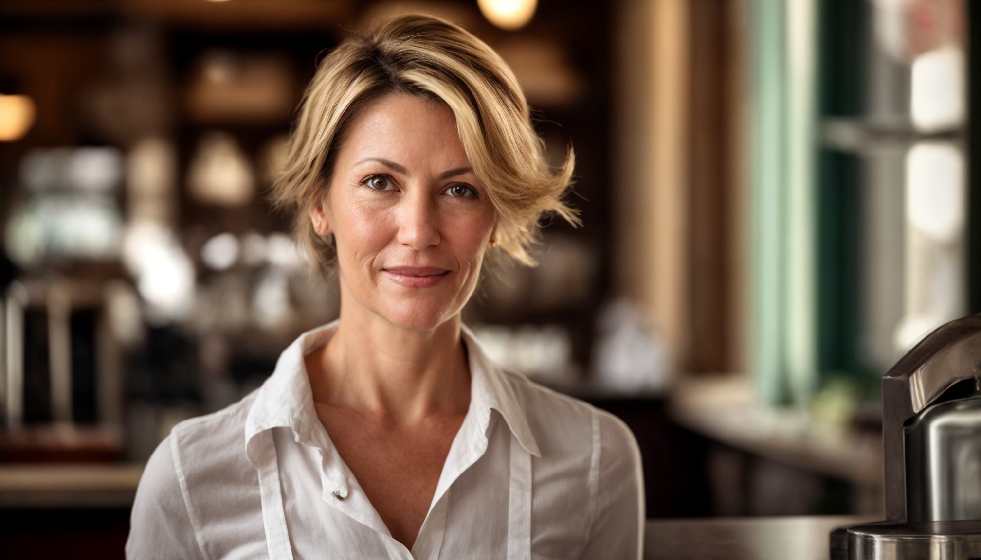 Charleston restaurant owner reviewing business at her cafe counter in a candid editorial style photo