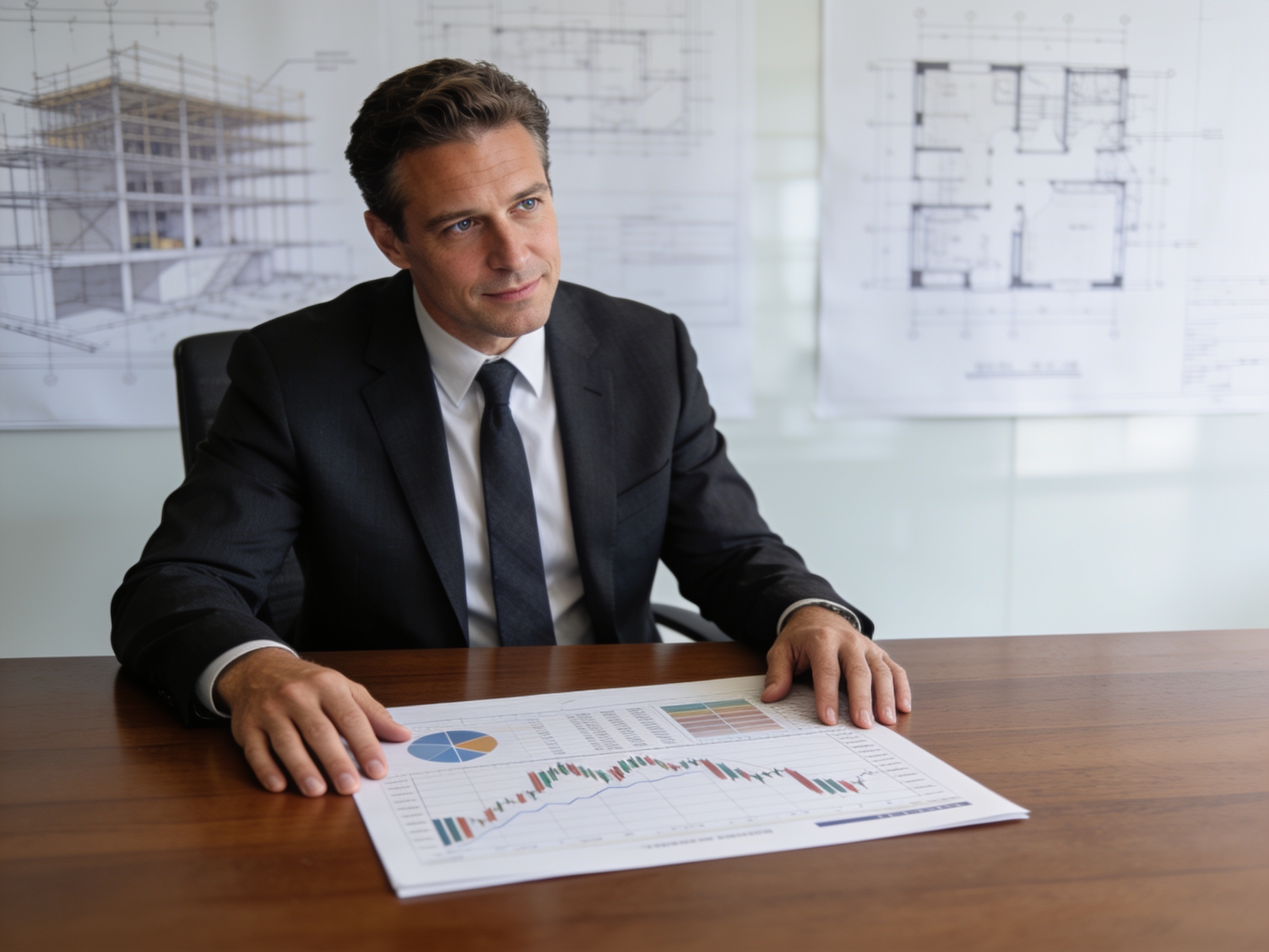 American businessman analyzing Charleston economic growth trends report in modern office