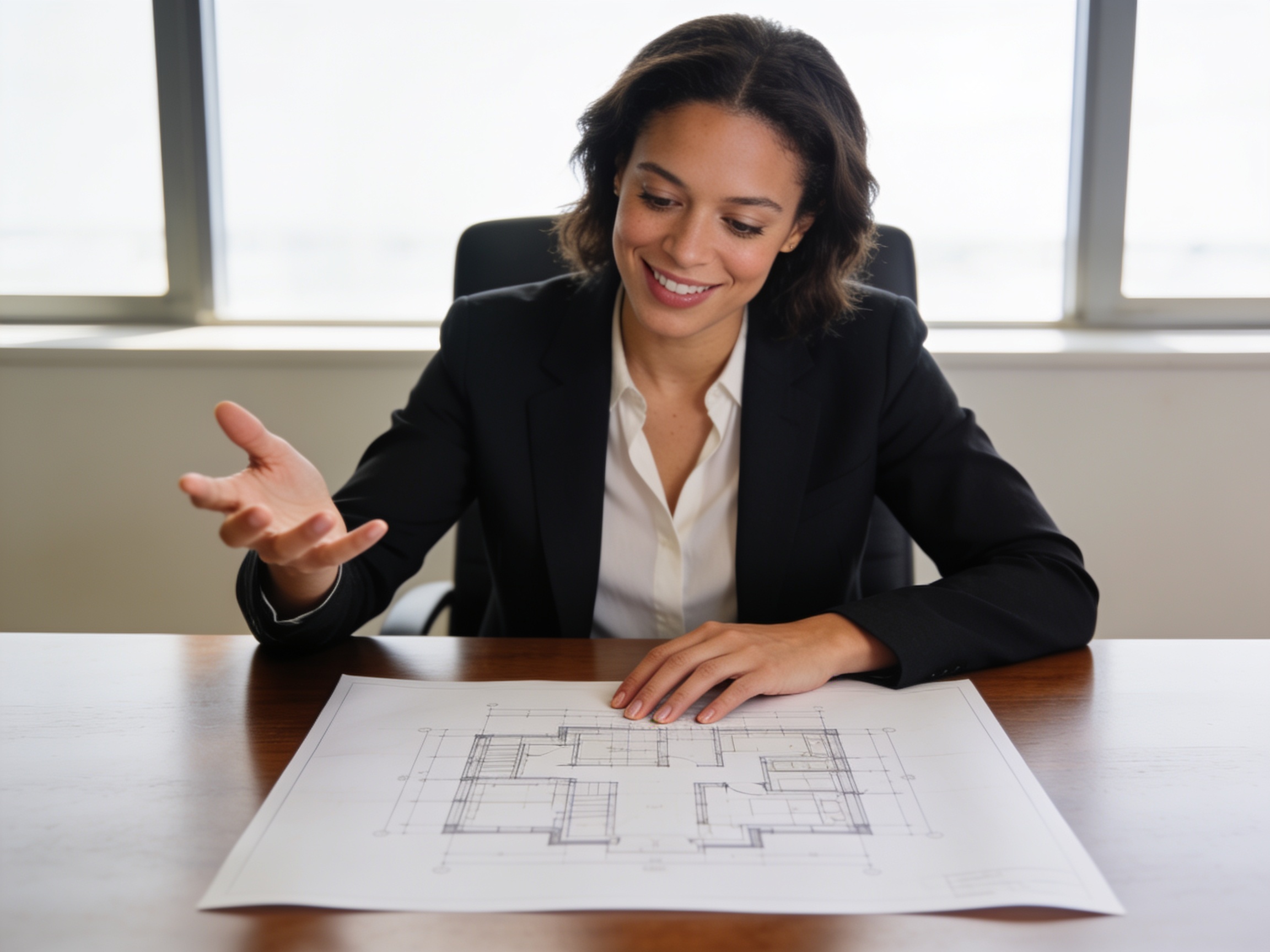 Businesswoman analyzing blueprints reflecting trends in the Charleston real estate market
