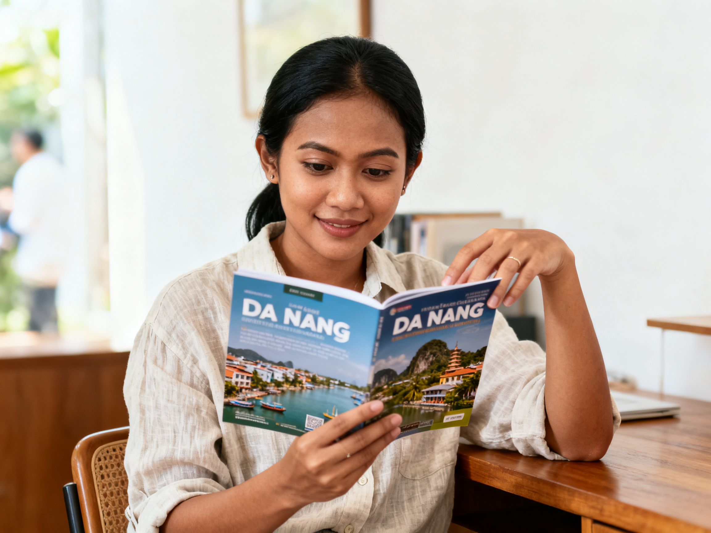 Indonesian traveler reviewing Da Nang brochure budget travel destination guide